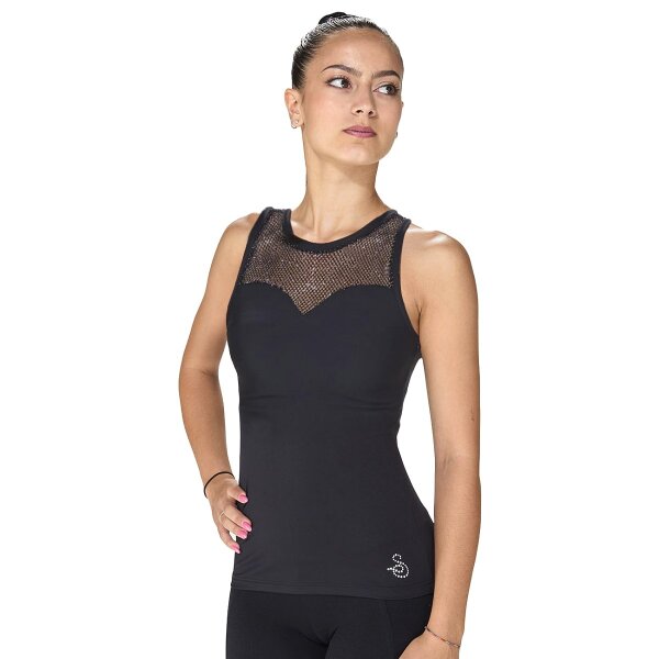 Sagester 097 Tank top with sparkling mesh neckline, black